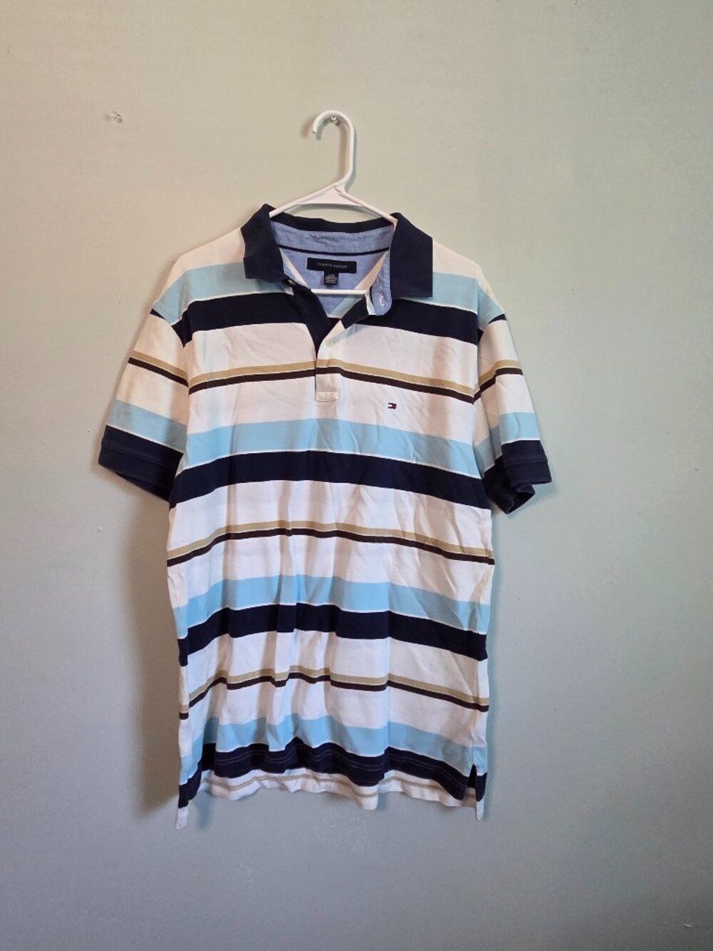 Tommy Hilfiger Polo Shirt Men's Large Blue/Brown Striped Collared V-Neck